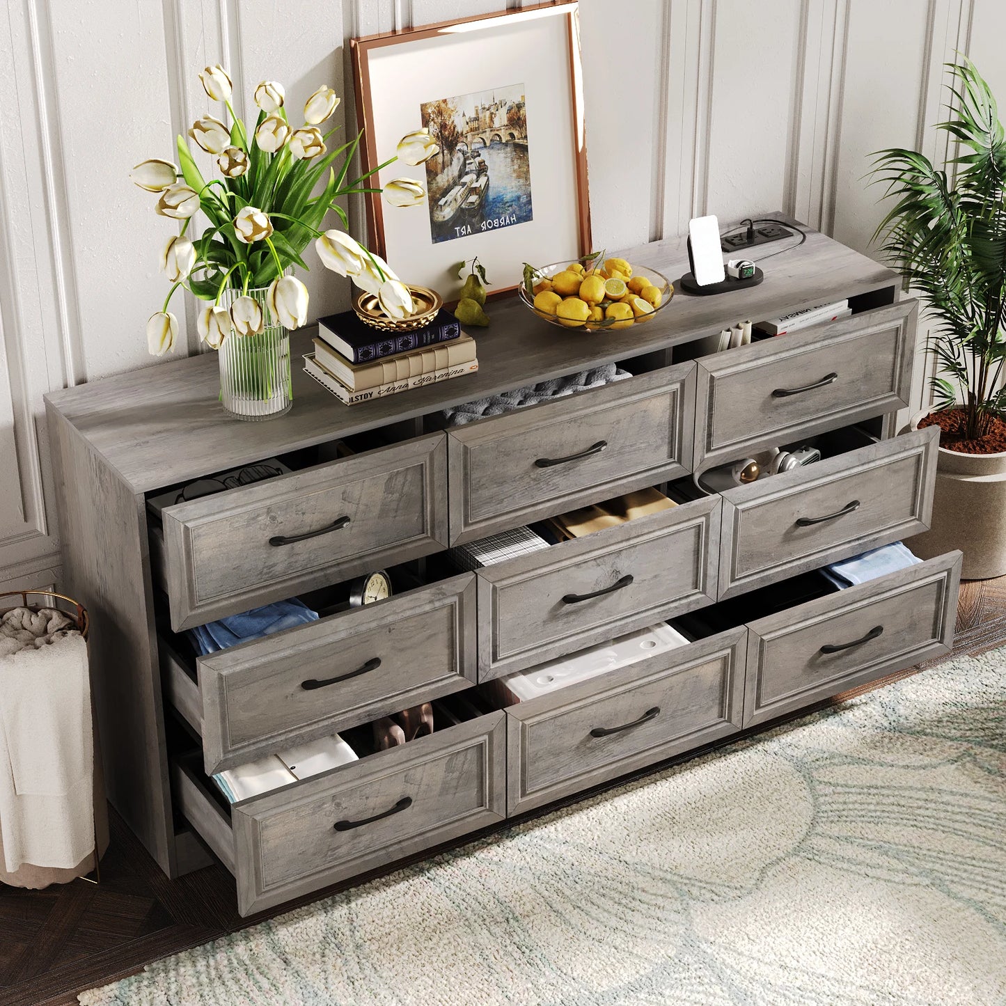 Vabches Wood Dresser for Bedroom 9 Drawer Dresser with Power Outlet&Metal Handles Chest of Drawers Storage Organizer for Hallway