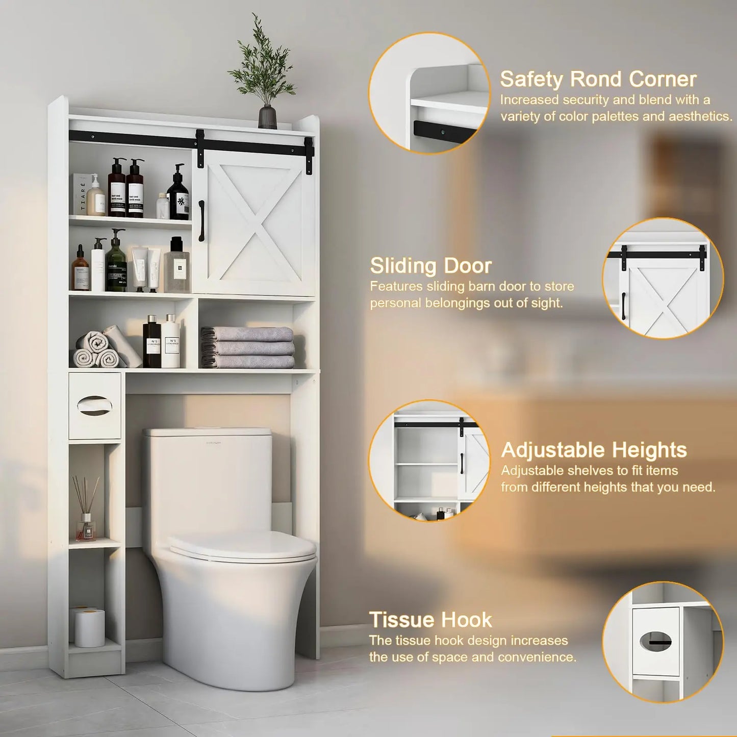 Vabches Over the Toilet Storage Cabinet Farmhouse Bathroom Organizer with Sliding Door & Toilet Paper Holder Wooden Toilet Rack