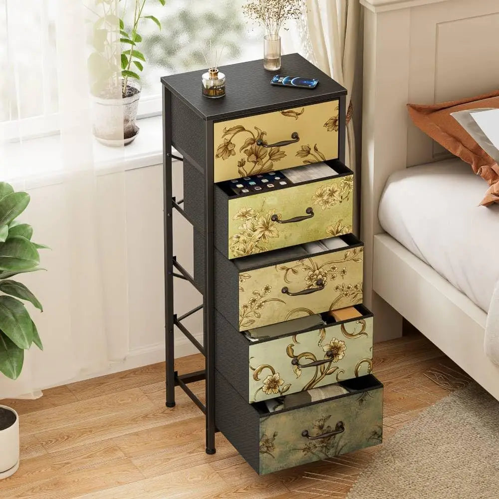 Vertical Dresser for Bedroom, Tall Skinny Storage Tower with 5 Fabric Drawers, Chest of Drawers for Living Room, Dorm, Entryway,