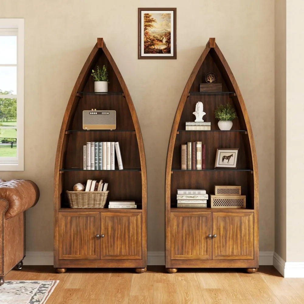 5-Tier Wooden Boat-Shaped Bookcase With Glass Shelves