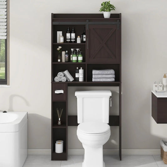 Vabches Over the Toilet Storage Cabinet Farmhouse Bathroom Organizer with Sliding Door & Toilet Paper Holder Wooden Toilet Rack