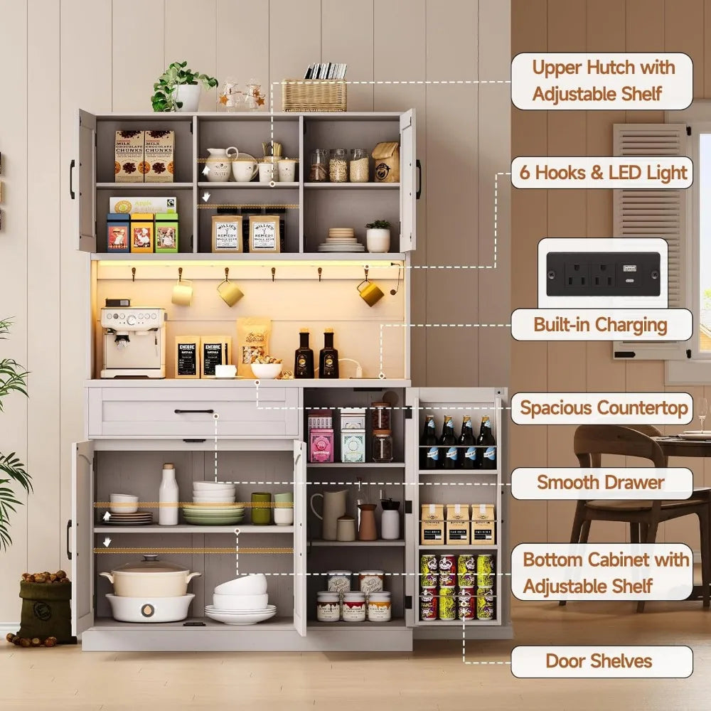 Pantry Cabinet With LED Light Outlet Microwave Shelf