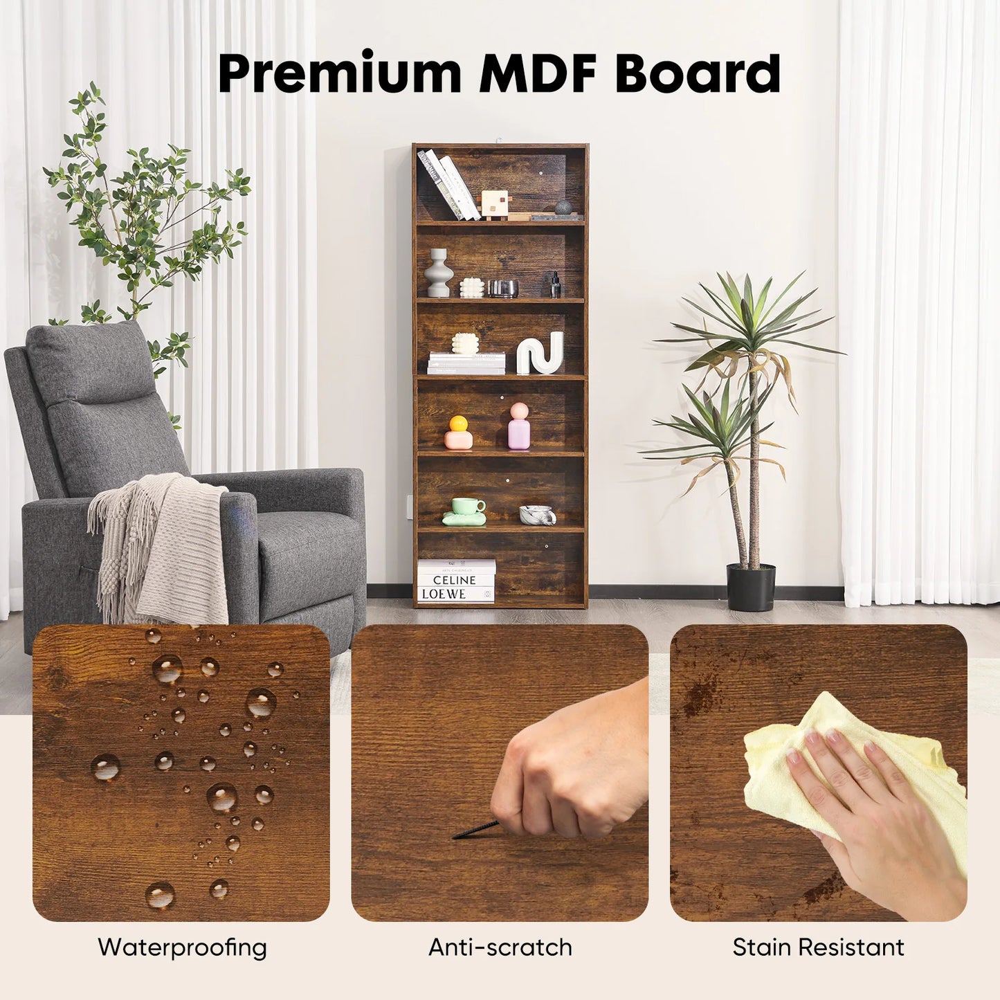 JHK 6 Tier Wooden Bookcase Floor Standing Open Bookshelf