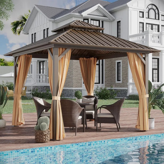 Hardtop Gazebo Aluminum Outdoor Patio With Netting Curtains