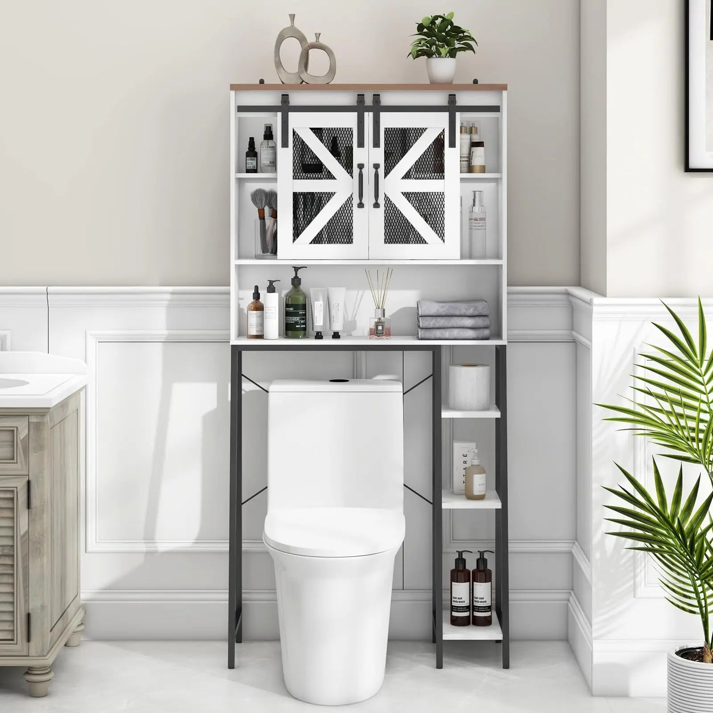 Vabches Over the Toilet Storage Cabinet Farmhouse Bathroom Storage Cabinet with Sliding Barn Door&Metal Legs Toilet Rack Laundry