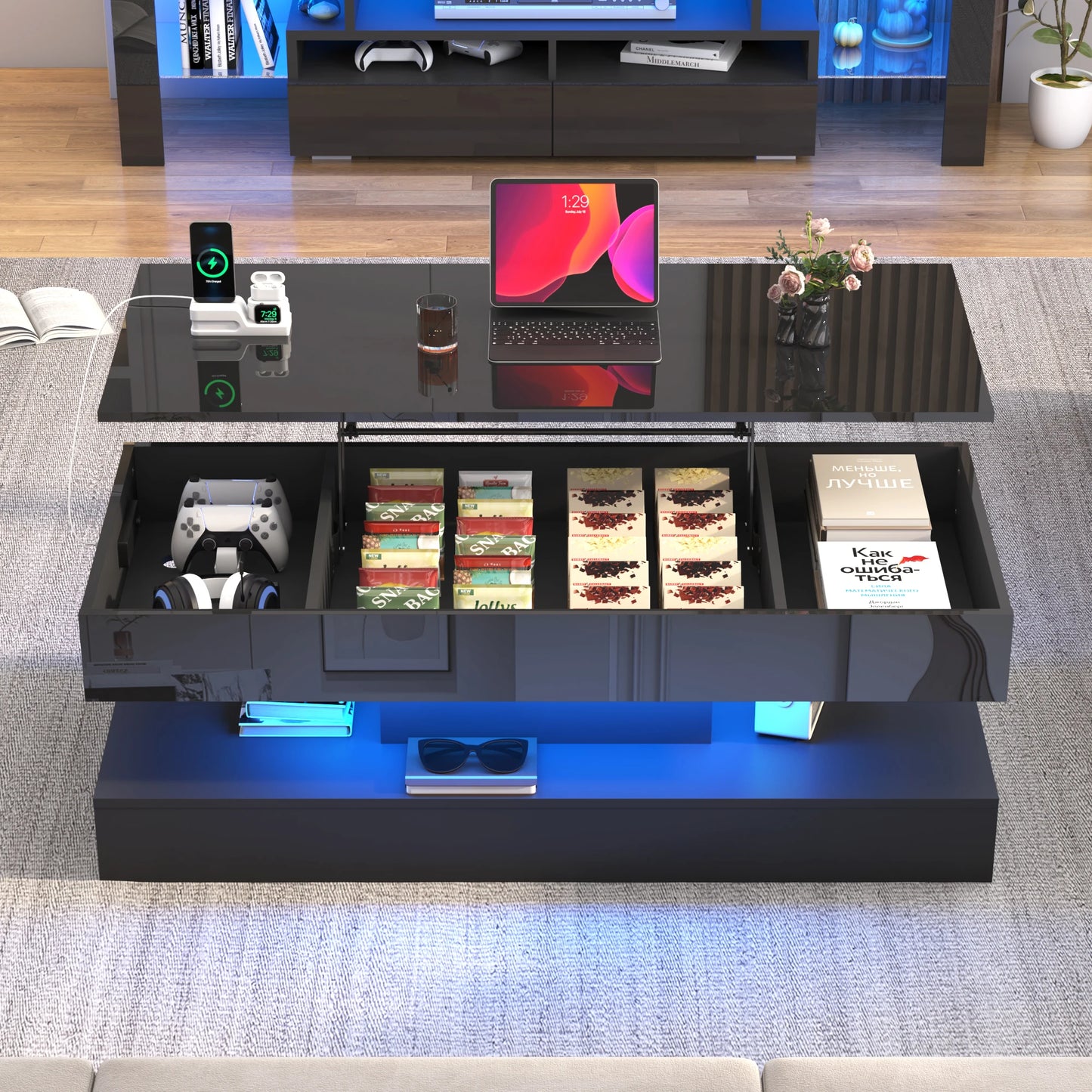 QiaoShiRen LED Coffee Table With Open Display Shelf