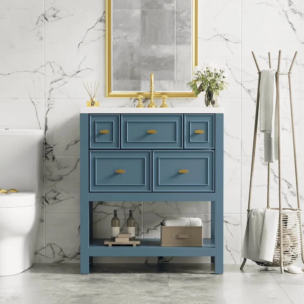 30 Inch Bathroom Vanity with Sink Combo, Modern Bathroom Storage Cabinet with 4 Drawers, 1 Pull-Out Drawer & Open Shelf, Solid W