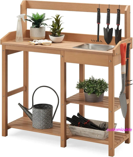 XMSJ Poly Lumber Potting Bench With Sink And Shelves