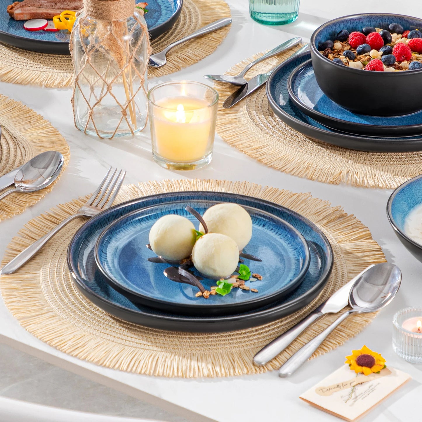 vancasso 24 Piece Blue Dinnerware Sets Reactive Glaze Dishes Set Dishwasher Safe With 6 PCS Dinner Plate/Dessert/Bowl for 8