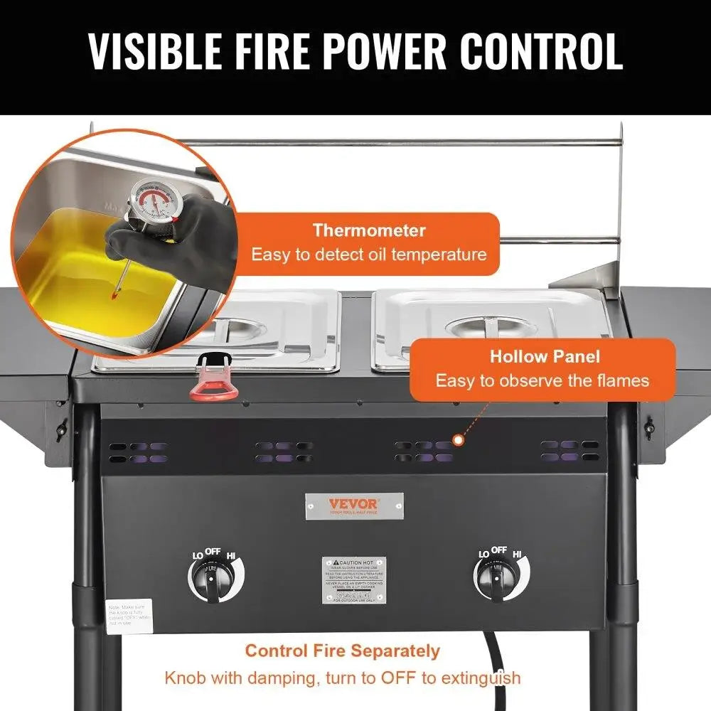 For outdoor Propane Deep Fryer 16 Qt Stainless Steel Double Commercial Fryer with Removable Baskets Lids Tanks