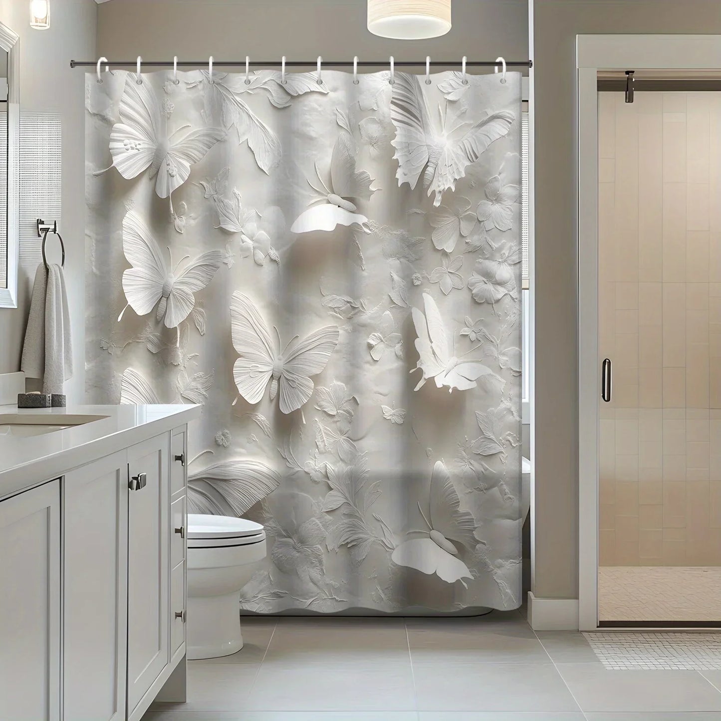 Open 1pc White Theme Modern Butterfly Shower Curtain, Decorative Printed Bath Screen with Hooks Included, Bathroom Accessories
