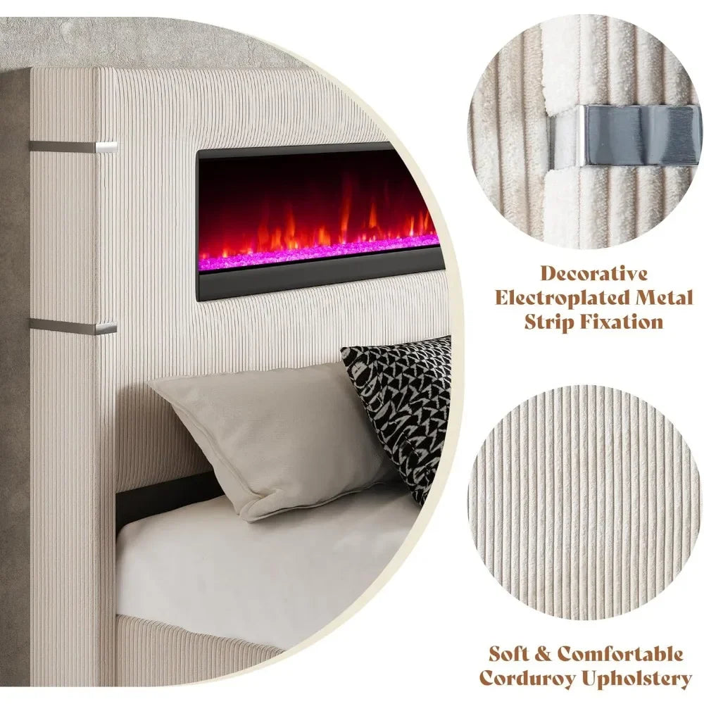 Hign-concerned Wingback Bed Frame with Fireplace and Wooden Slats