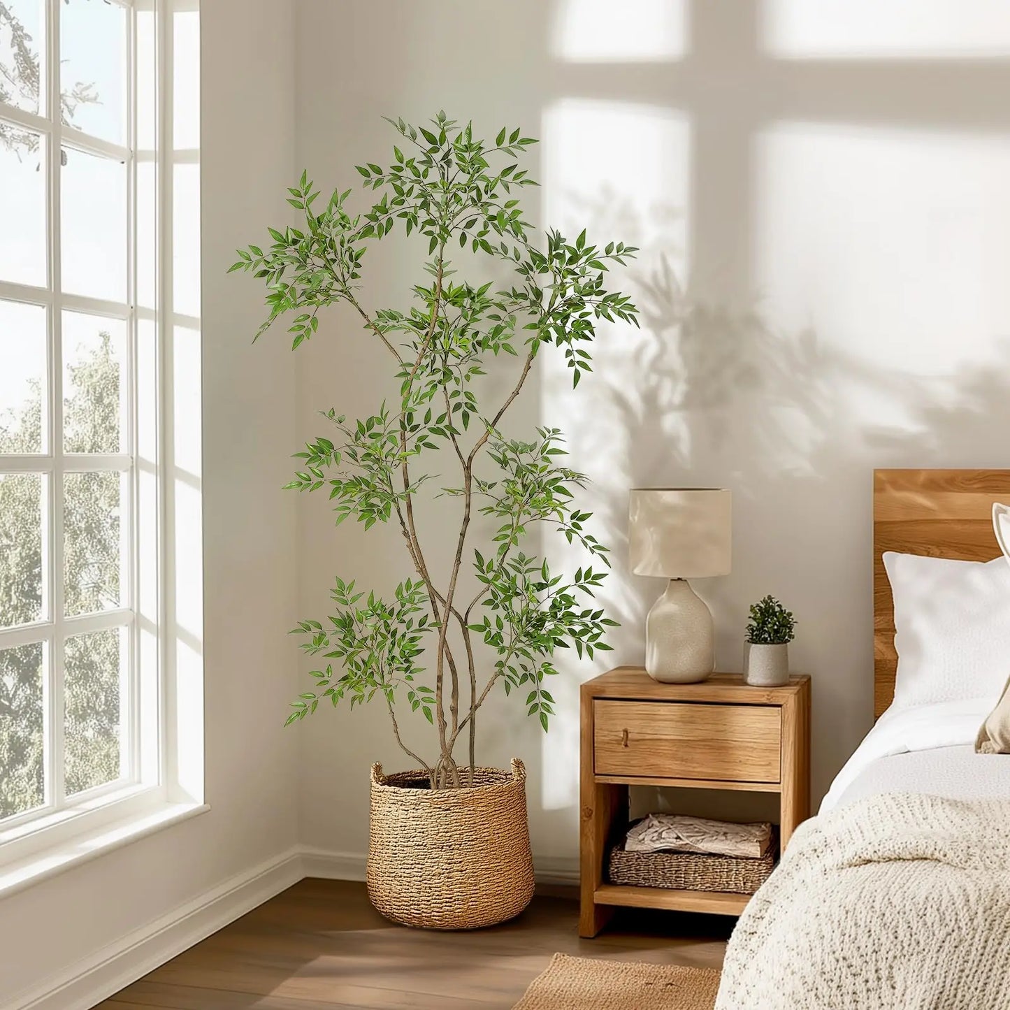 HiMISSCN Nandina Artificial Tree With White Planter Indoor