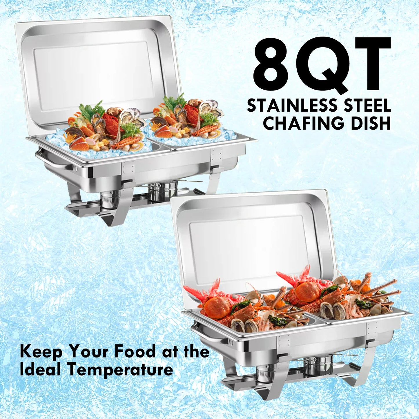 Chafing Dish Buffet Chafer Set 2 Packs 8 Qt. Foldable Rectangular Stainless Steel Chafer Set with 2 Half Size Food Pans