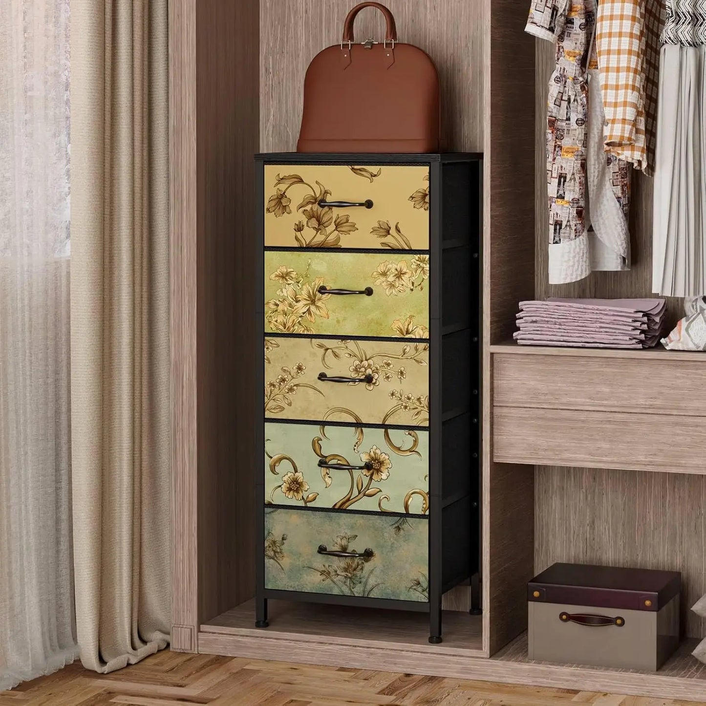 Vertical Dresser for Bedroom, Tall Skinny Storage Tower with 5 Fabric Drawers, Chest of Drawers for Living Room, Dorm, Entryway,