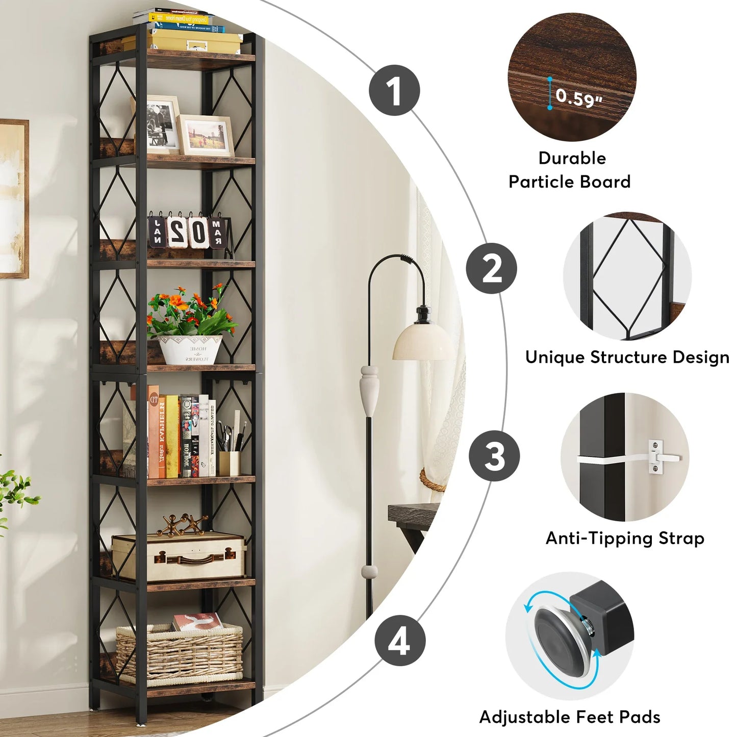 Tribesigns 7-Tier Skinny Bookshelf For Small Spaces Freestanding Display Organization