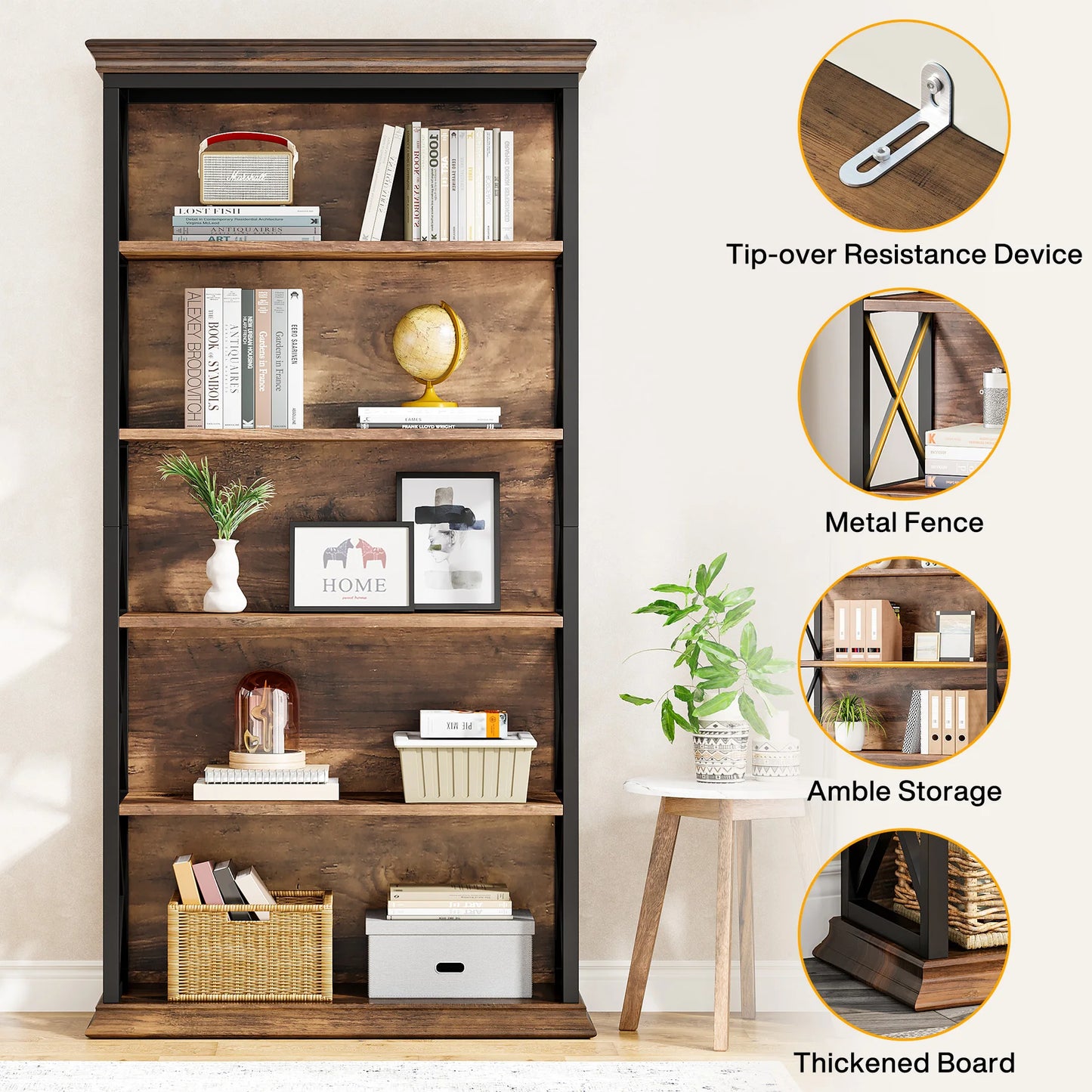 Tribesigns 5 Tier Industrial Bookcase Floor Standing Bookshelf