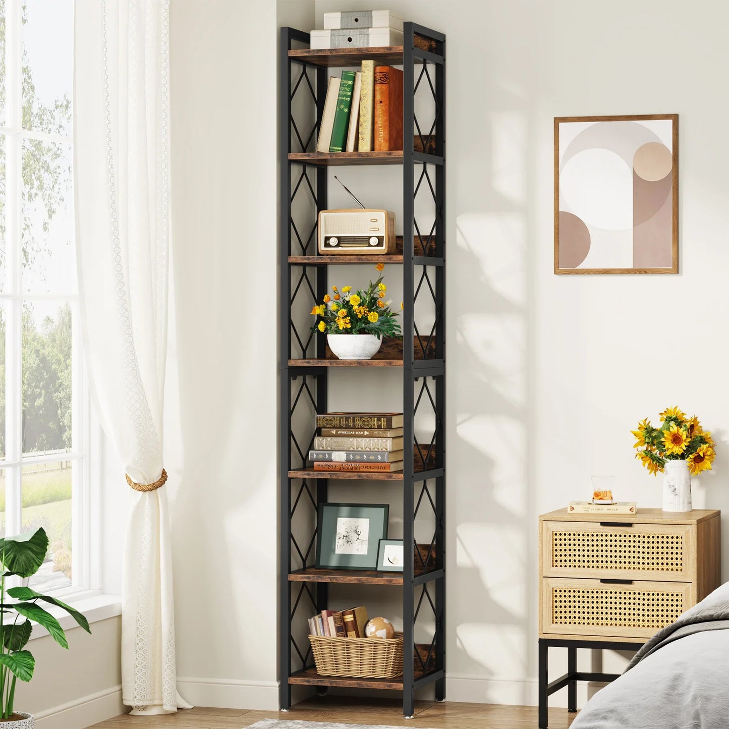 Tribesigns 7-Tier Skinny Bookshelf For Small Spaces Freestanding Display Organization