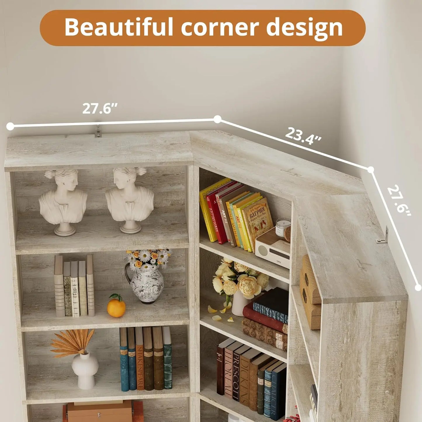 IRONCK Corner Bookcase And Two-Storage-Cabinet Unit With Seven-Tier Shelves System