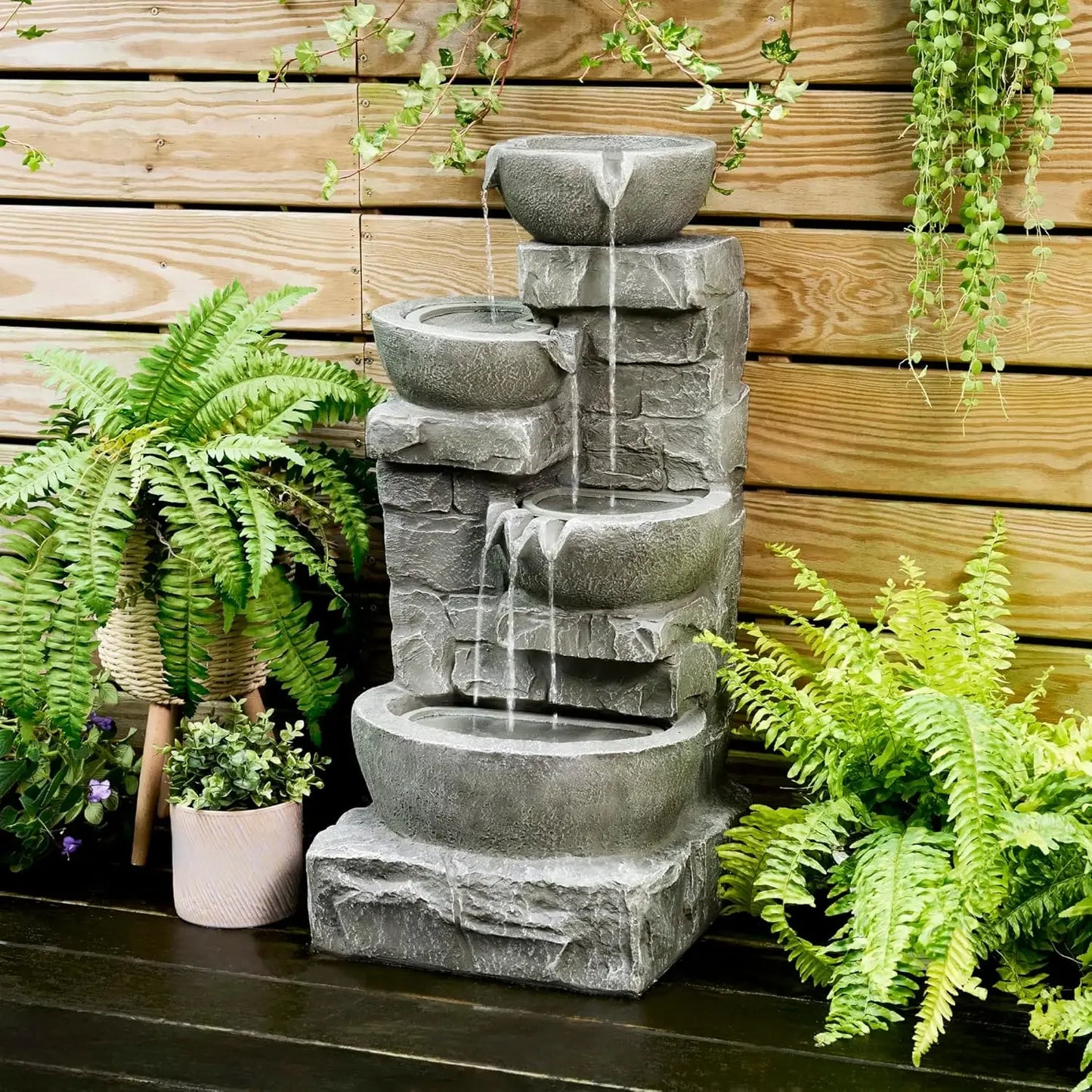 LED Outdoor Water Fountain With Cascading Bowls And Stones
