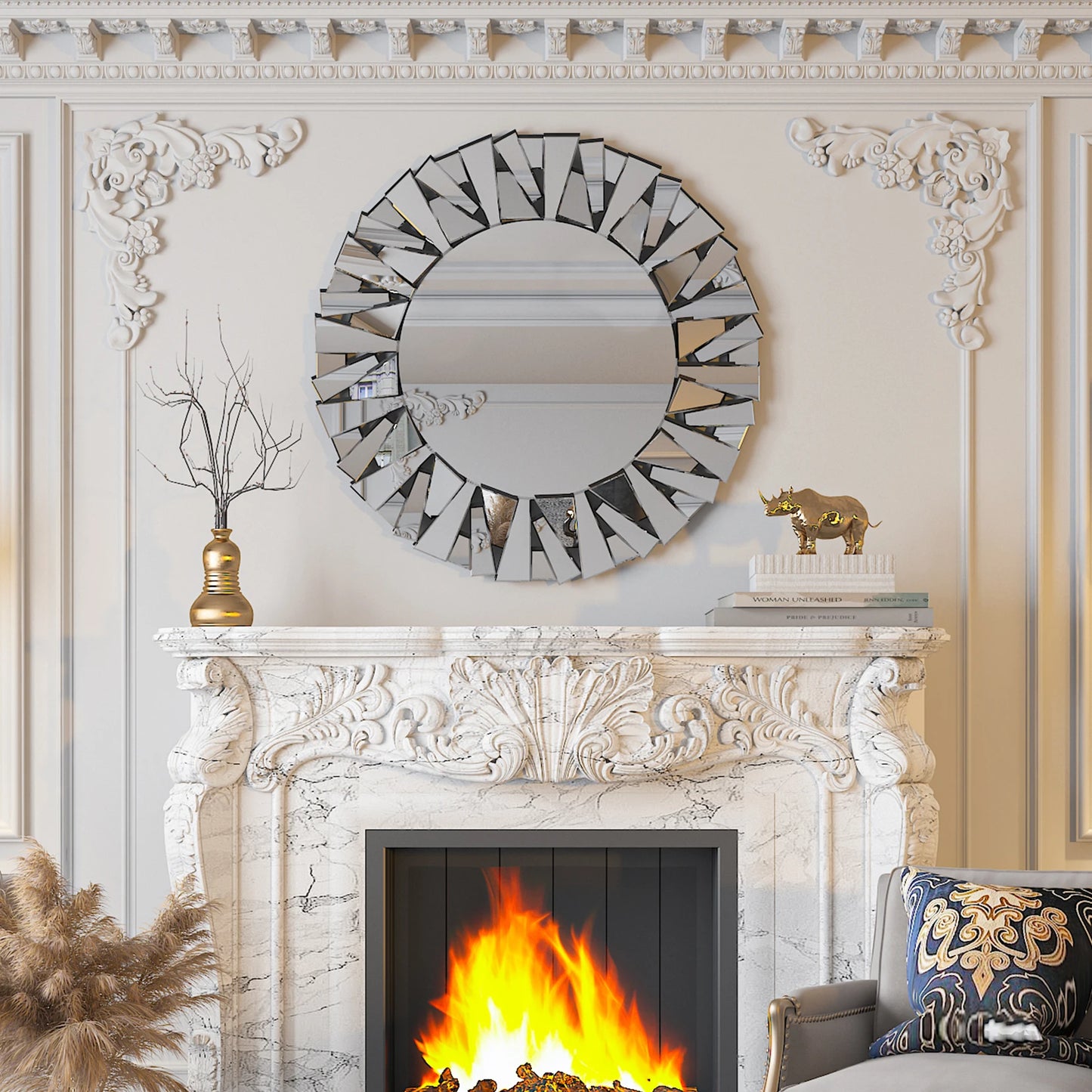WisforHign Sunburst Round Beveled Glass Wall Mirror Decor