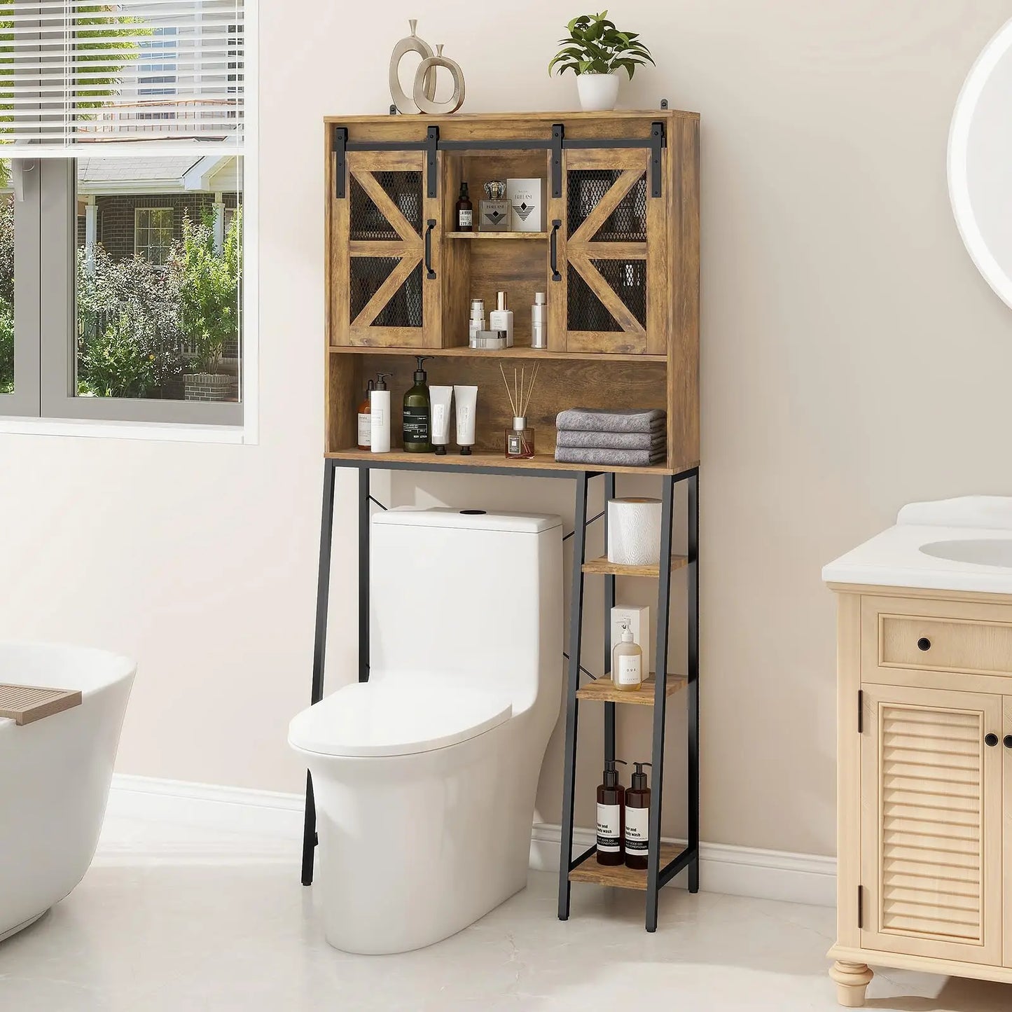 Vabches Over the Toilet Storage Cabinet Farmhouse Bathroom Storage Cabinet with Sliding Barn Door&Metal Legs Toilet Rack Laundry