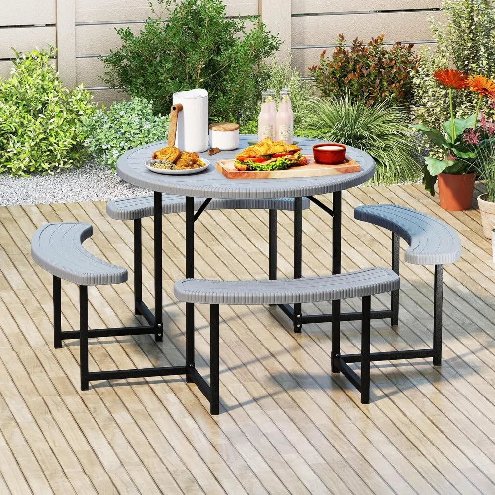 HDPE Outdoor Round Table And Bench Set With Umbrella Hole