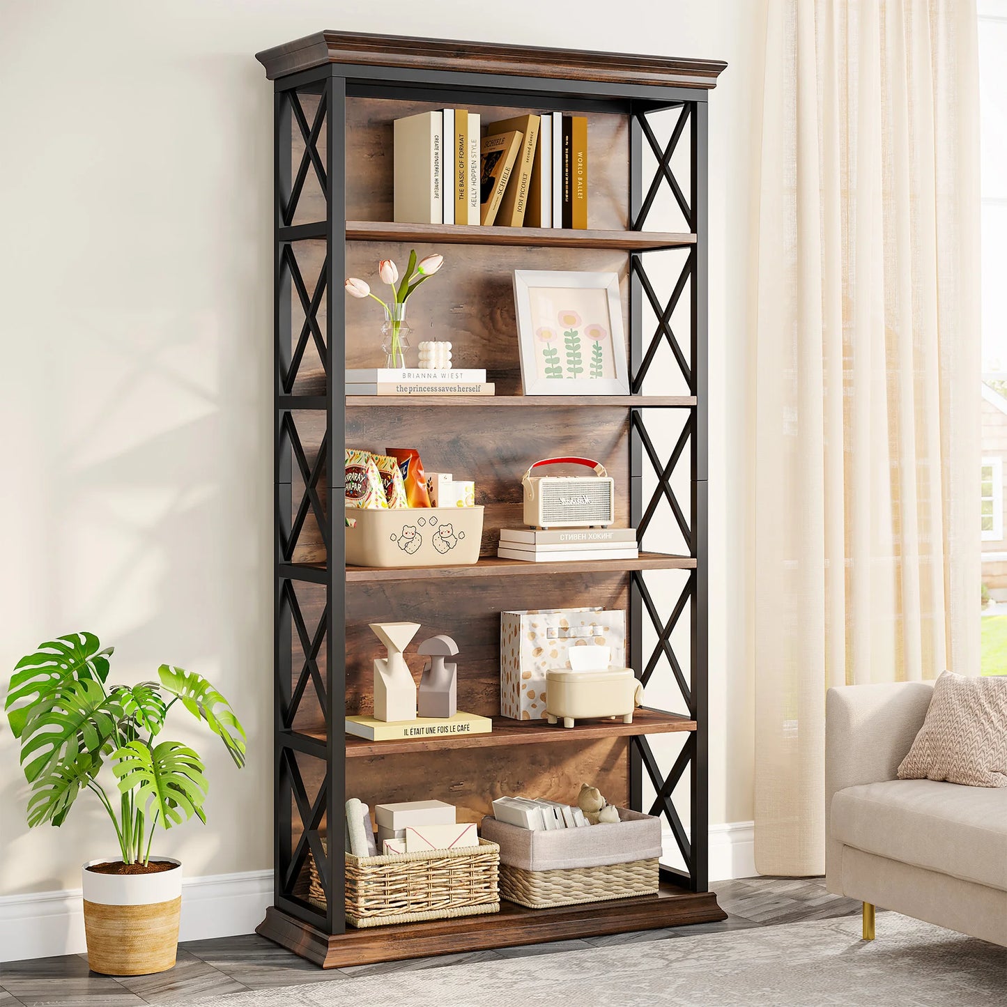 Tribesigns 5 Tier Industrial Bookcase Floor Standing Bookshelf