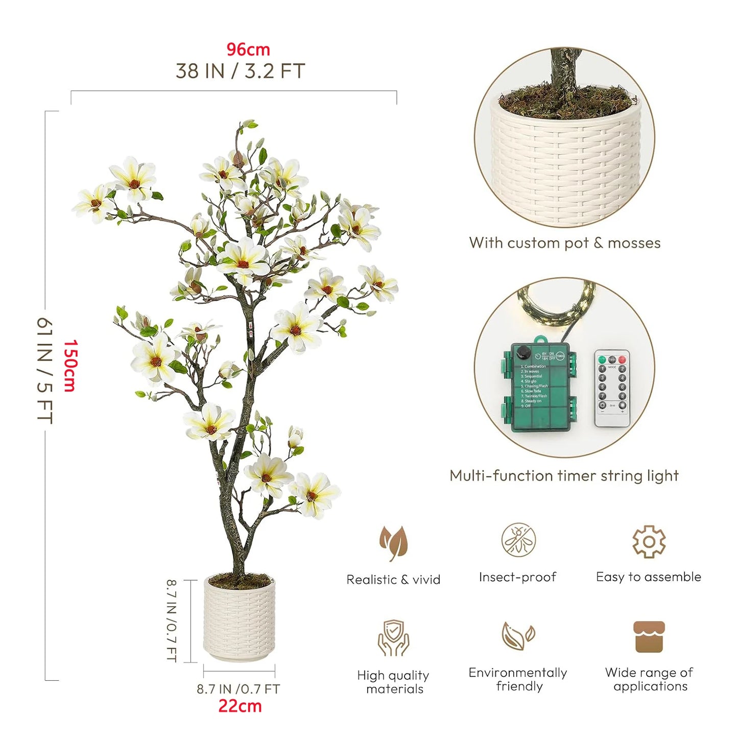 Guangdong Artificial Magnolia Plant With LED Light For Decor