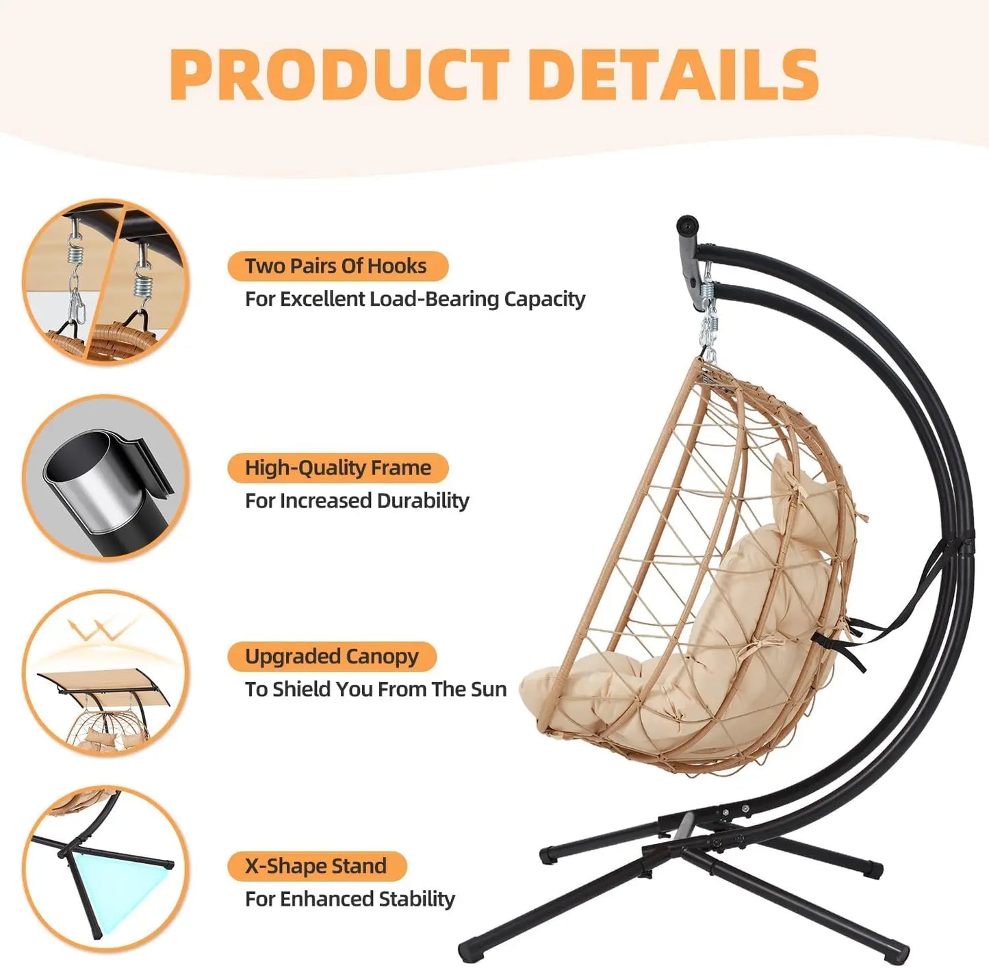 YOLENY Double Egg Chair With Adjustable Canopy Patio Swing