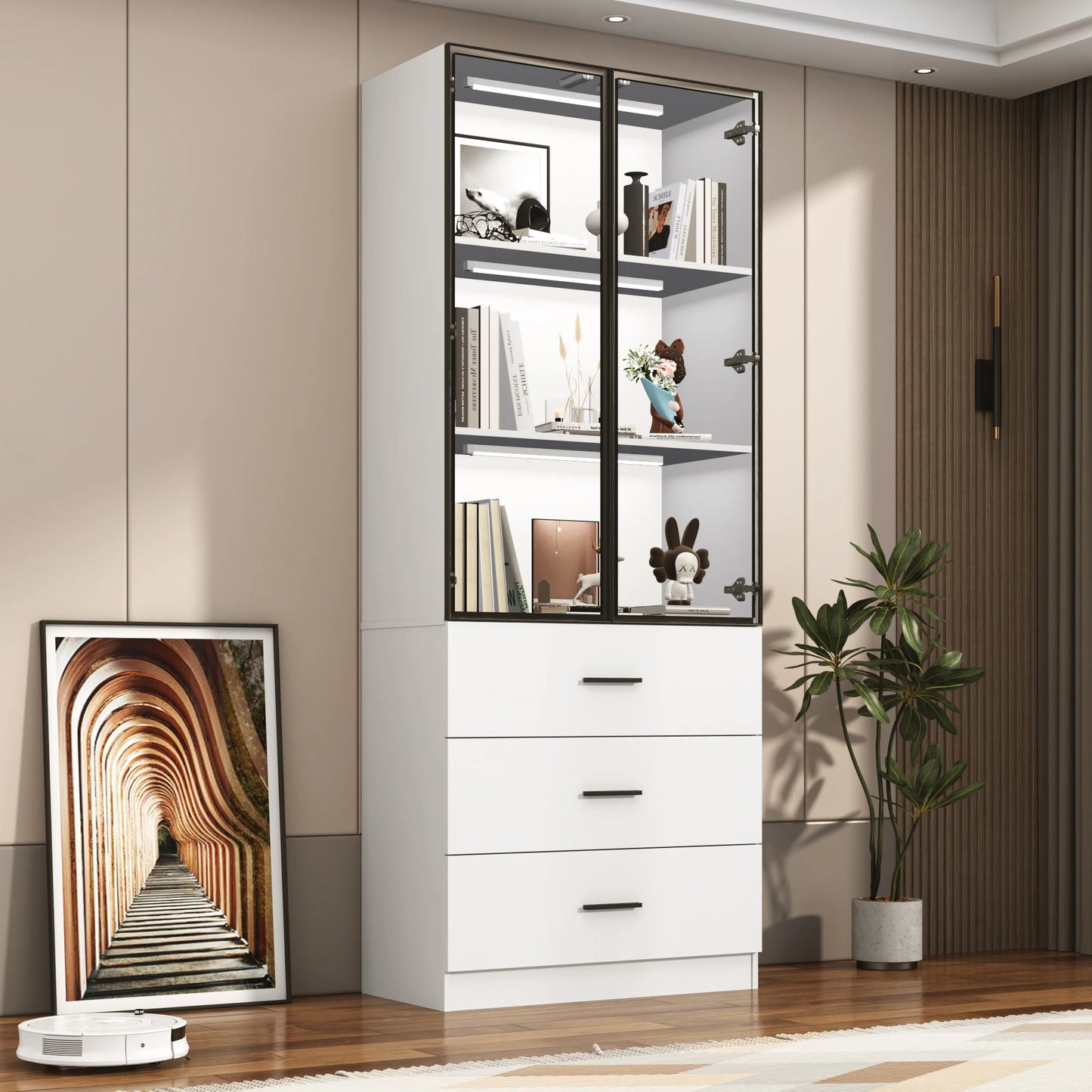 QiaoShiRen Modern Display Cabinet With LED Lights And Glass Doors