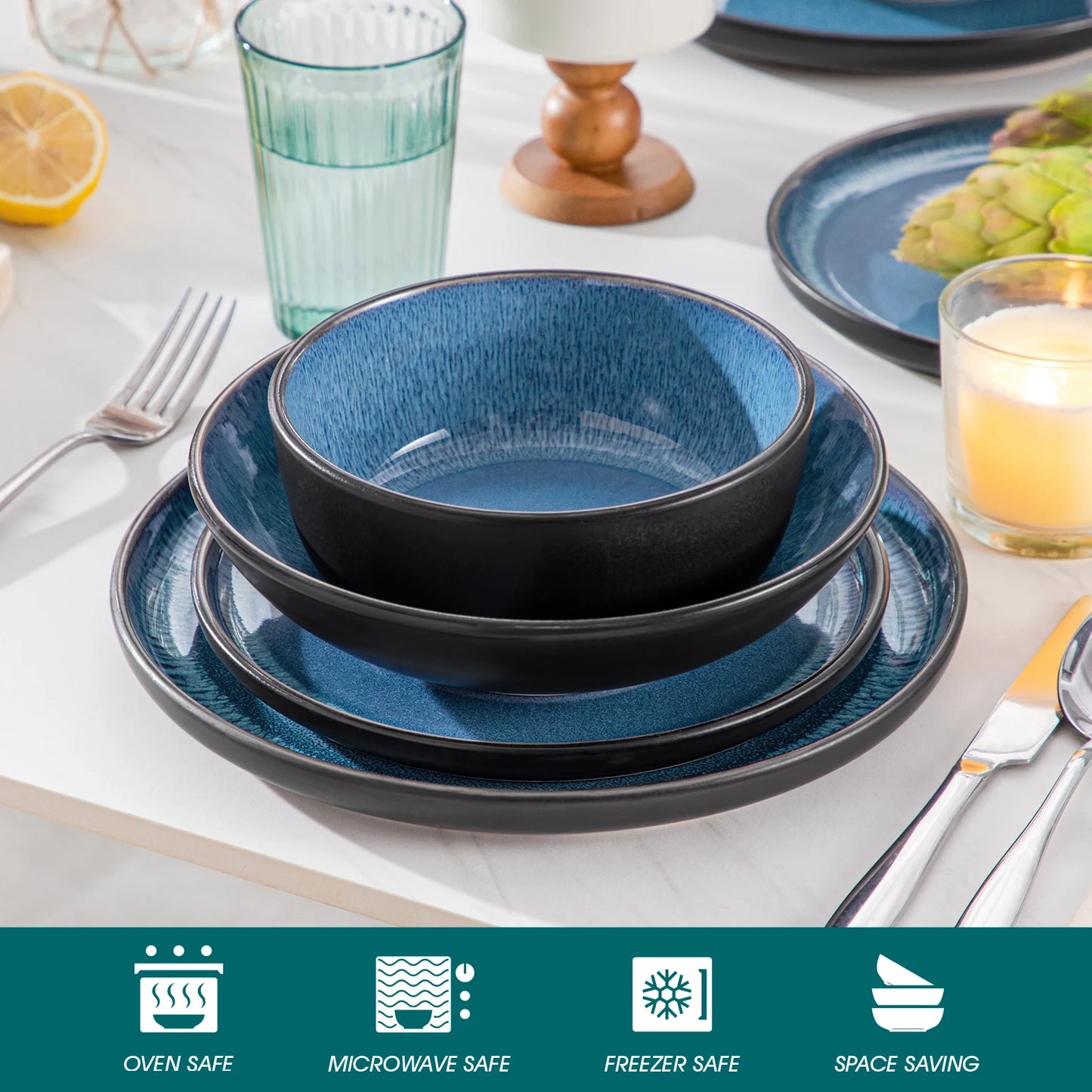 vancasso 24 Piece Blue Dinnerware Sets Reactive Glaze Dishes Set Dishwasher Safe With 6 PCS Dinner Plate/Dessert/Bowl for 8