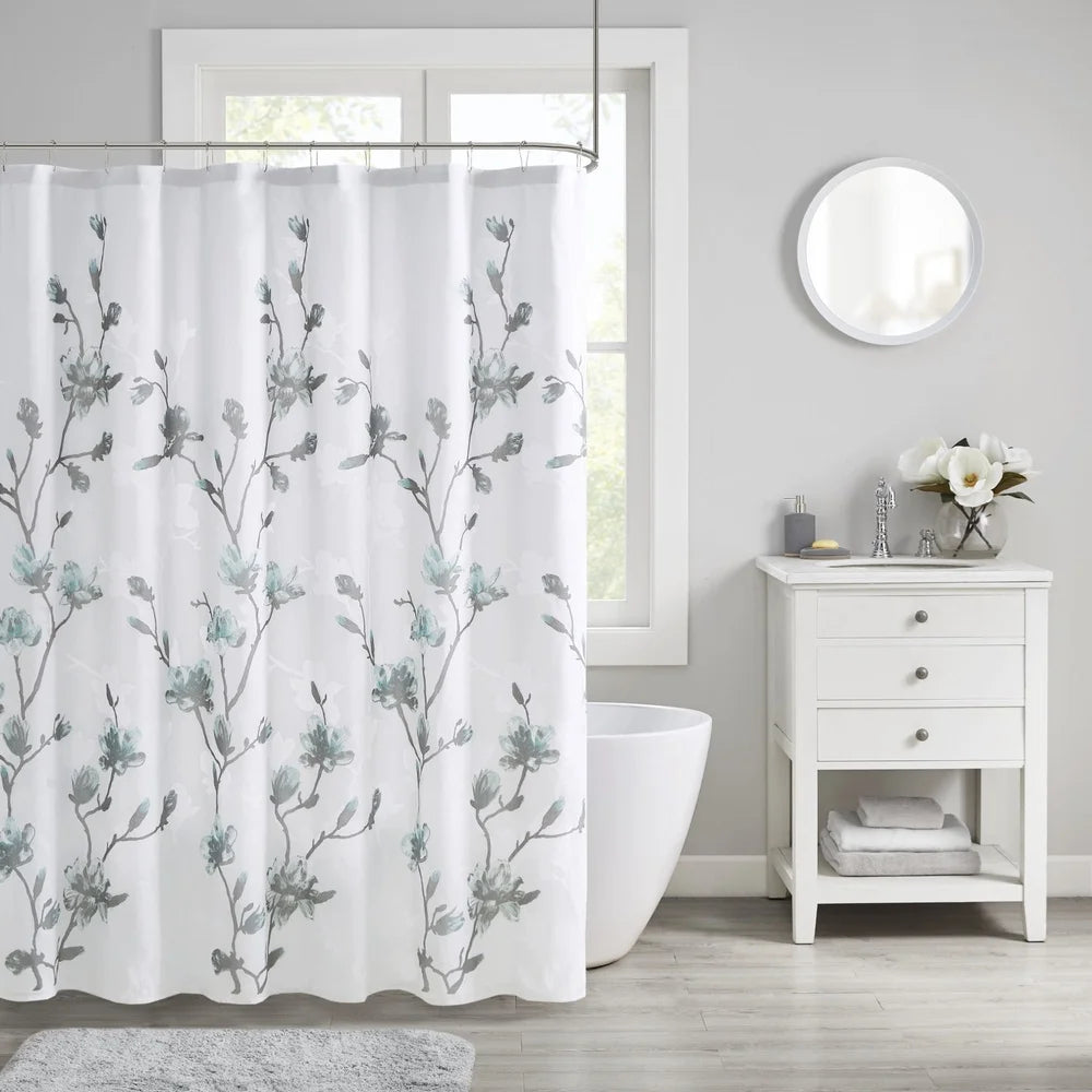 Lightweight Floral Printed Burnout Shower Curtain with Microfiber Liner 72x72 Machine Washable Aqua Grey Bathroom Decor