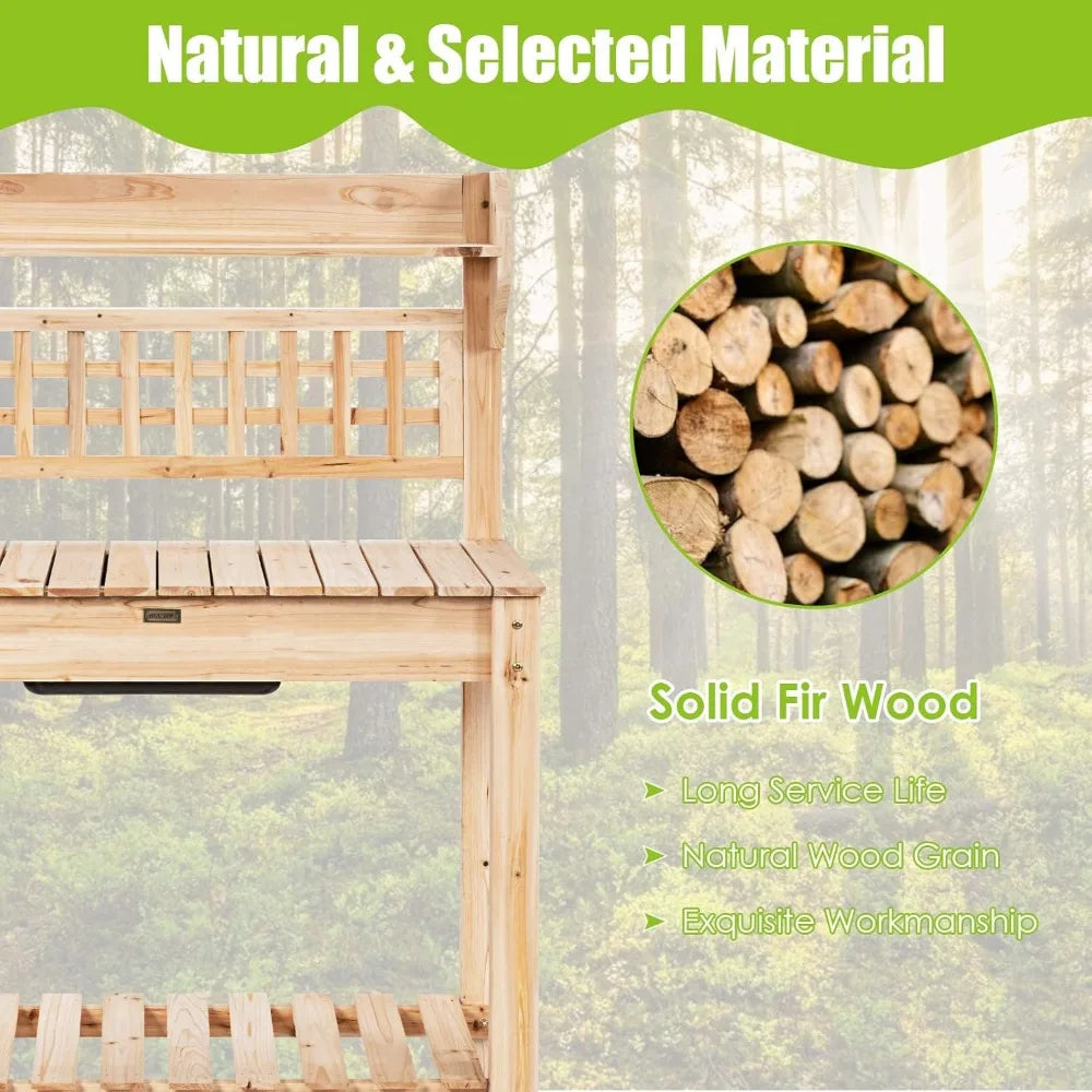 Garden Potting Bench Wood Work Table With Sliding Tabletop