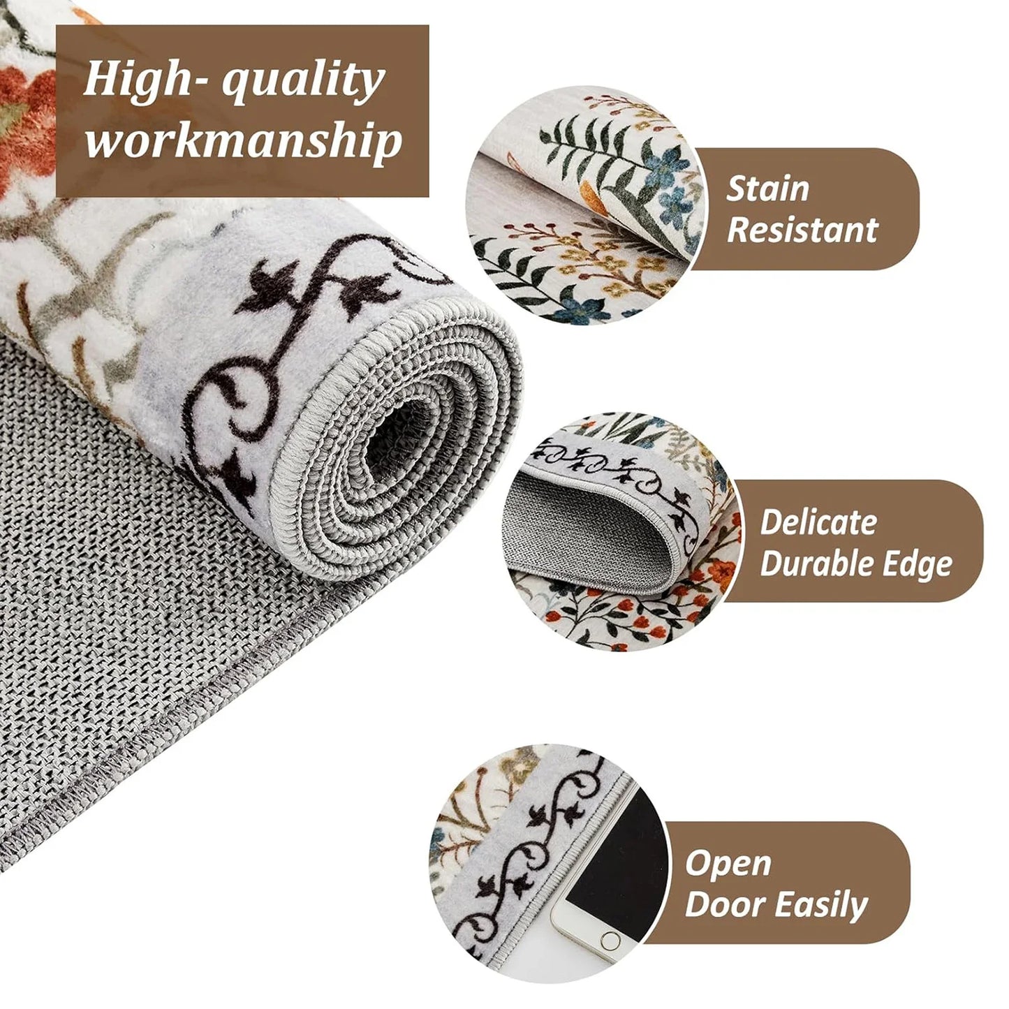 Washable Area Rugs for Living Room, Non-Slip Floral Rugs for Bedroom, Runner Rugs for Hallway, Area Rug Carpet for Dining Room