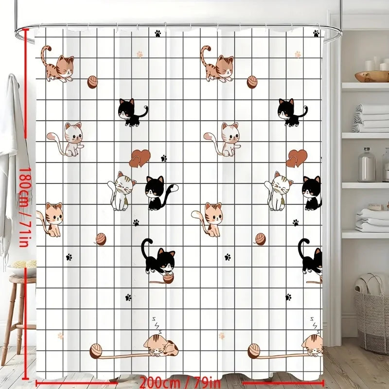 1pc Waterproof Cute Cat Pattern Shower Curtain - Easy Install with Hooks, Durable & Decorative for Any Bathroom
