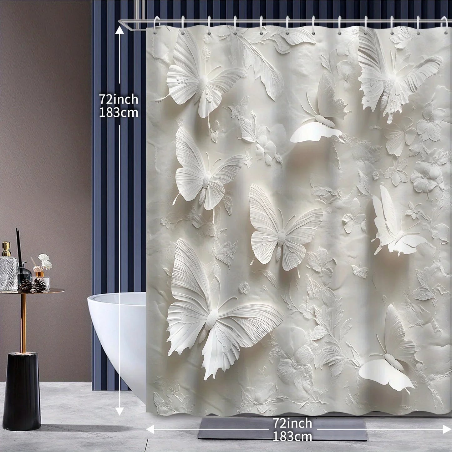 Open 1pc White Theme Modern Butterfly Shower Curtain, Decorative Printed Bath Screen with Hooks Included, Bathroom Accessories