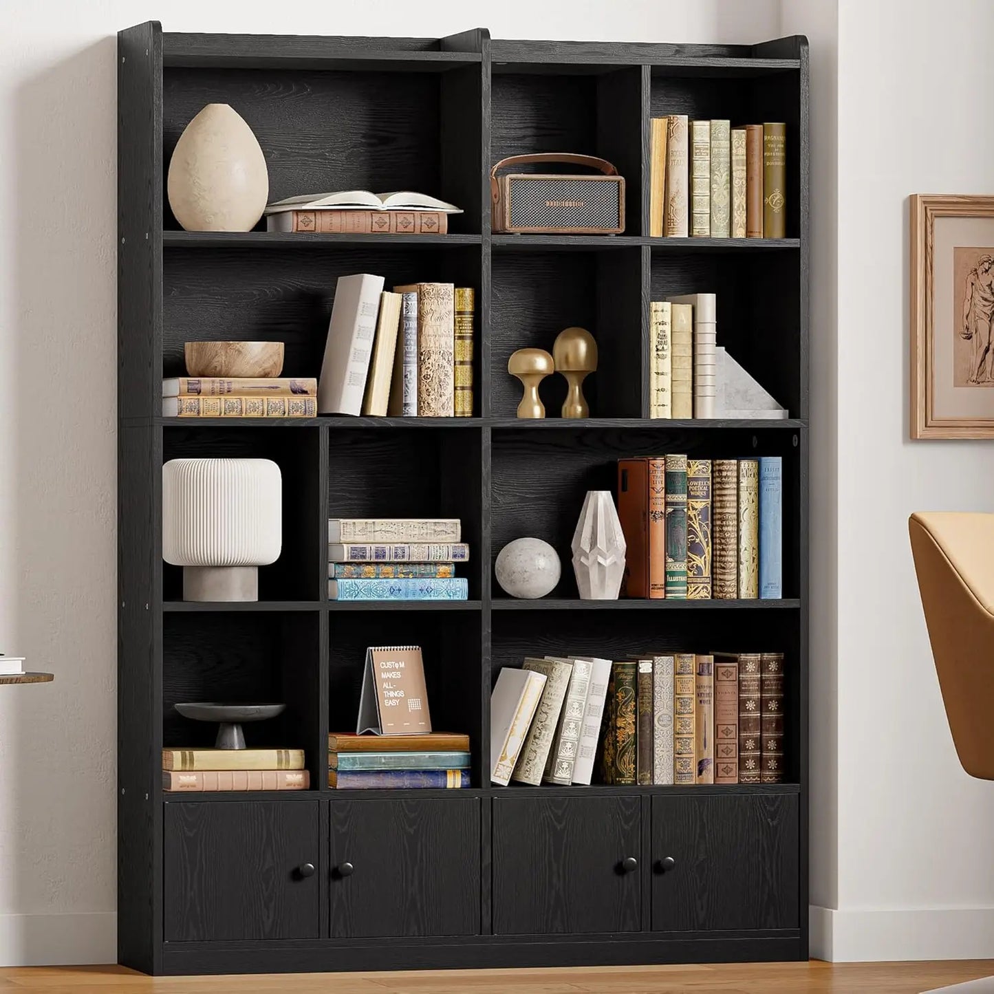 IRONCK 6 Tier Bookshelf With 4 Doors Floor Standing Tall Display Storage Shelves For Home