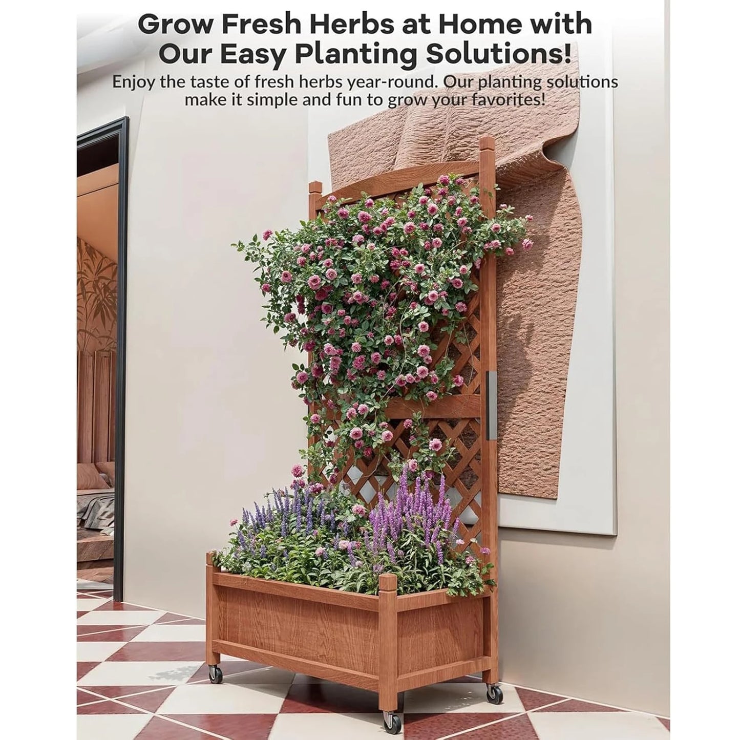 HiMISS Wood Raised Garden Bed With Trellis And Wheels