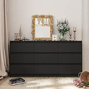 9 Drawers Double Dresser, Modern Wood Dresser Chest of Drawers with Large Storage Space for Bedroom, White (63”L x 15.7”W x 31.