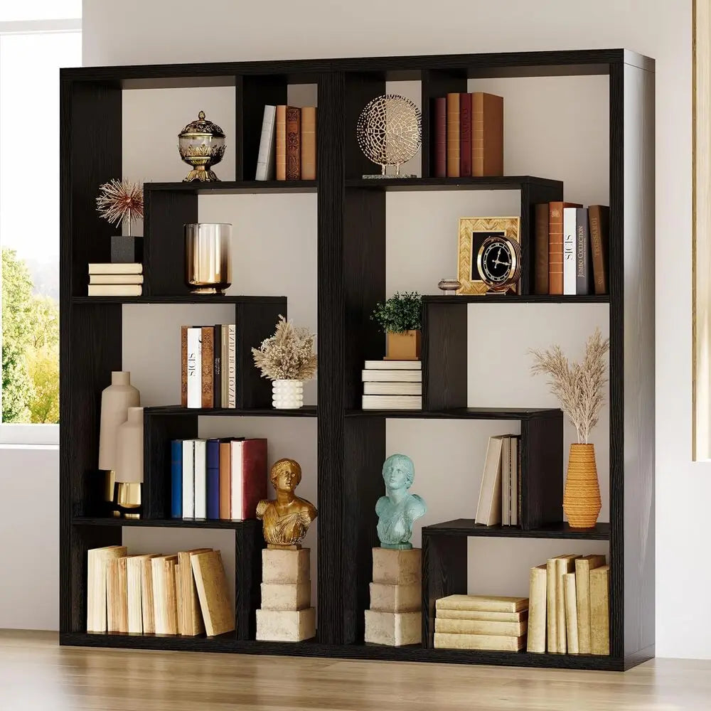 IRONCK Geometric 6 Shelf Industrial Etagere Bookcase Tall Storage Display With Thick Shelves