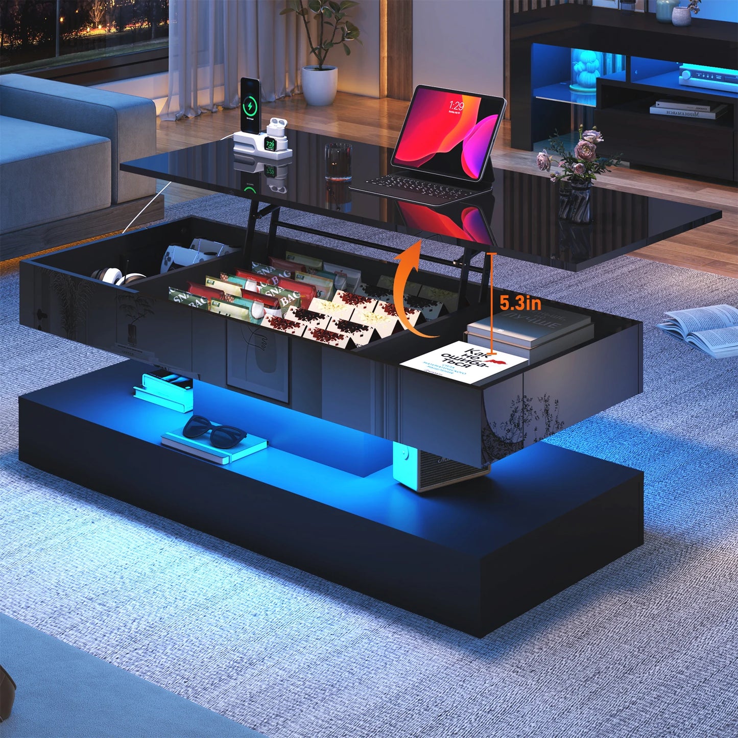 QiaoShiRen LED Coffee Table With Open Display Shelf