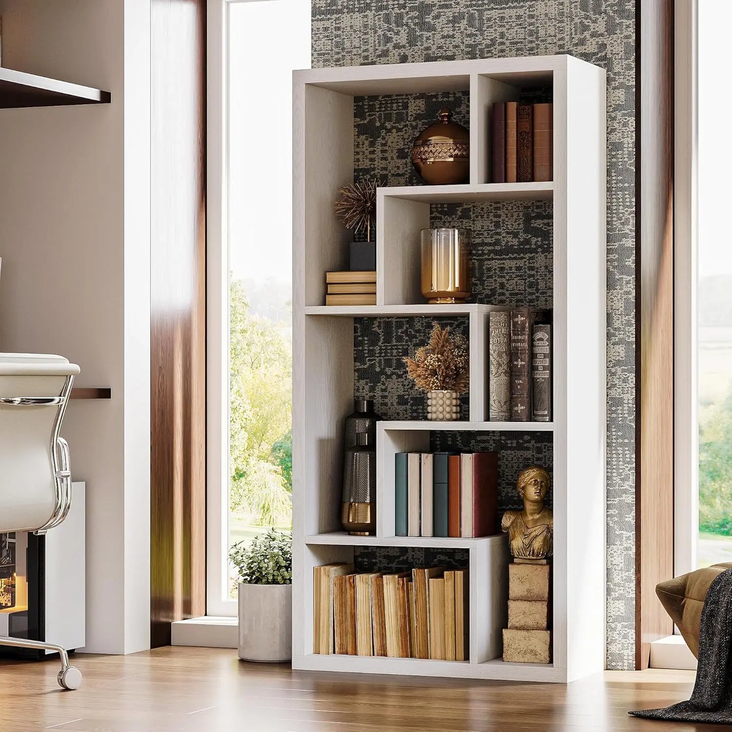 IRONCK Geometric 6 Shelf Industrial Etagere Bookcase Tall Storage Display With Thick Shelves