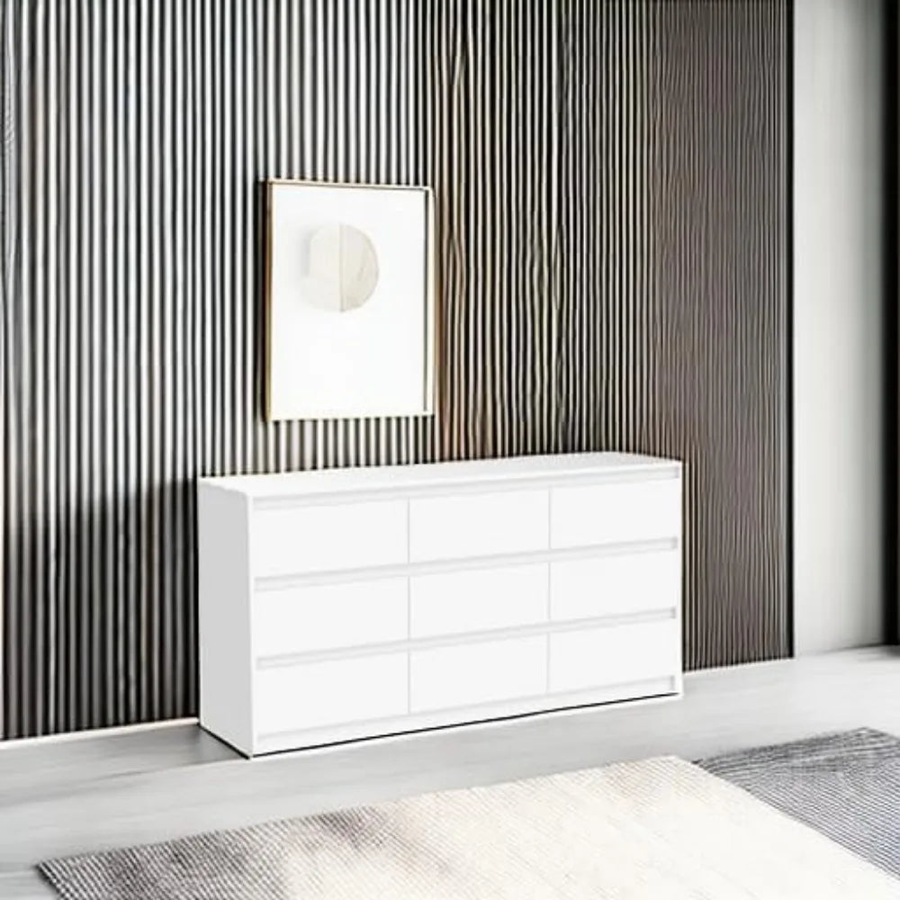 9 Drawers Double Dresser, Modern Wood Dresser Chest of Drawers with Large Storage Space for Bedroom, White (63”L x 15.7”W x 31.