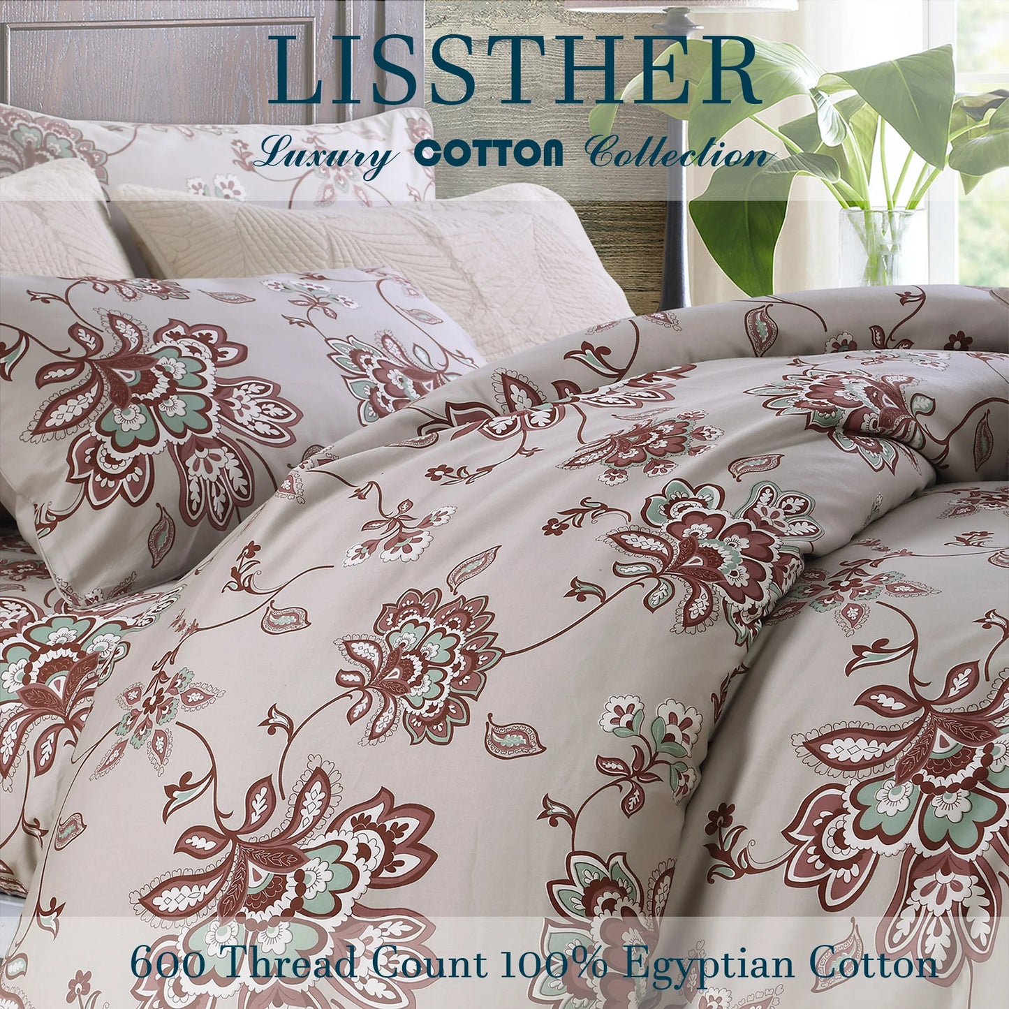 LISSTHERCN 3pc 600TC Egyptian Cotton Duvet Cover Set