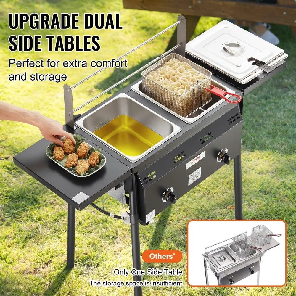 For outdoor Propane Deep Fryer 16 Qt Stainless Steel Double Commercial Fryer with Removable Baskets Lids Tanks