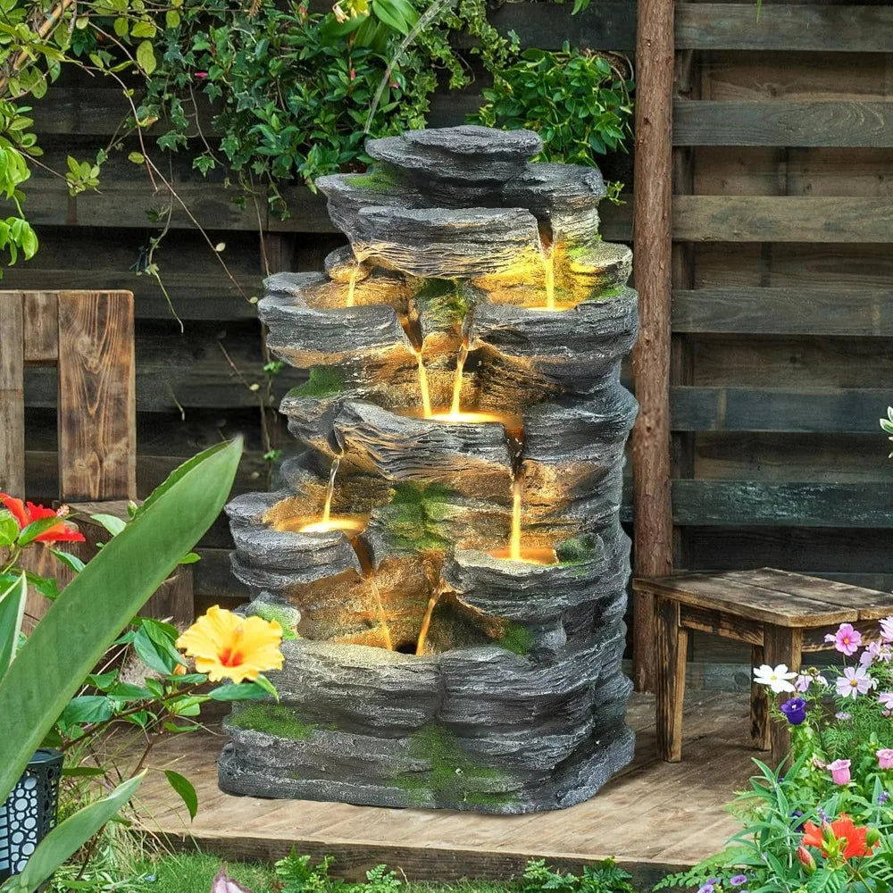 Grepatio Outdoor 7 Tier Cascading Rock Water Fountain Led