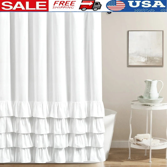 Elegant Ruffle Shower Curtain 72x72 White Polyester Textured Bathroom Decor Modern Farmhouse Cottage Style Dry Clean Recommended