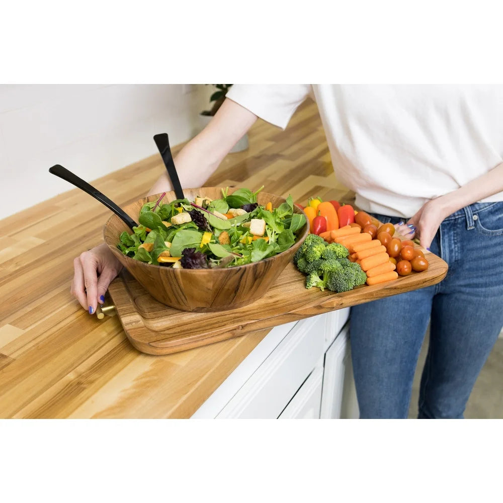 Natural Acacia Wood Large Serving Bowl Angled Design Kitchen Dining Decor Fruit Salad Display Durable Easy Clean Gift Idea