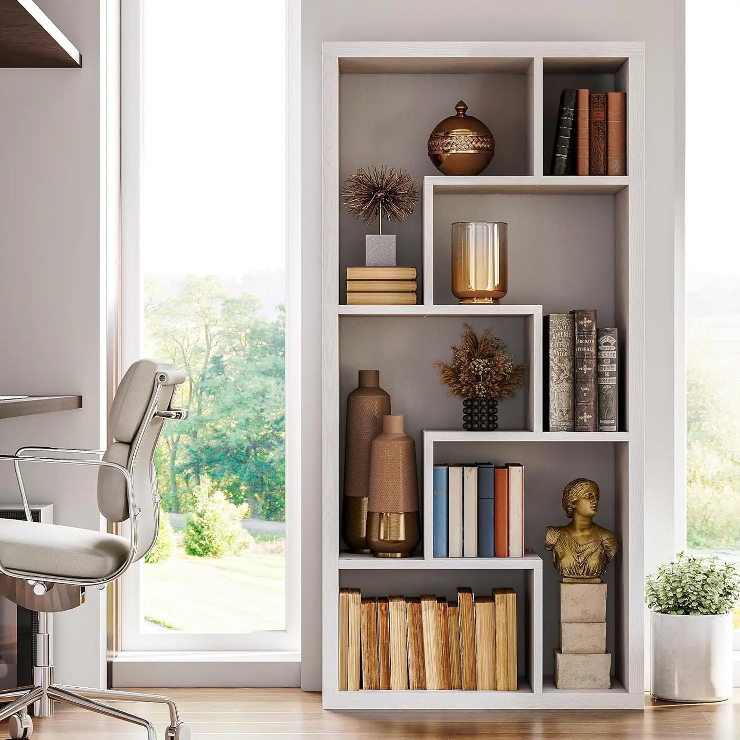 IRONCK Geometric 6 Shelf Industrial Etagere Bookcase Tall Storage Display With Thick Shelves